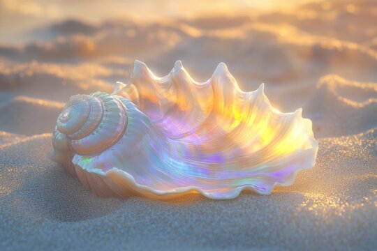 Iridescent seashell rests on a sandy beach during a golden sunset, reflecting light beautifully.