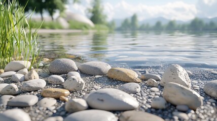 Obraz premium Serene riverbank scene with smooth stones and lush foliage under a clear sky, reflecting nature's tranquility.