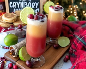 Refreshing Cranberry Thyme Cocktail with Lime Garnish Served in Elegant Glassware, Perfect for Holiday Celebrations in Festive Atmosphere