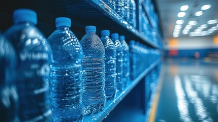 Rows of plastic water bottles on shelves in a warehouse