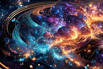 Obraz premium Vivid cosmic nebula, swirling colors of blue and orange in a starry expanse, ideal for sci-fi themes and cosmic exploration.
