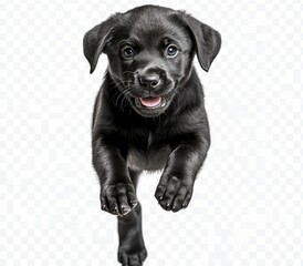 Fototapeta premium Playful puppy: A lively and energetic black puppy leaps forward, his eyes sparkling with glee and anticipation, his soft fur gleaming.