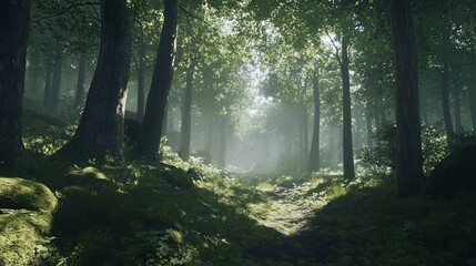 Fototapeta premium Sunlit Path Through Misty Forest