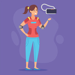 Woman in athletic wear showcasing virtual reality headset in vibrant indoor setting