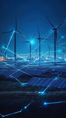 Sustainable Energy: A cutting-edge image portraying sustainable energy sources with windmills, solar panels, and digital lines indicating the flow of electricity.