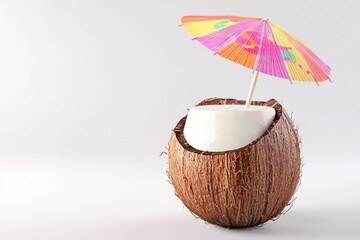A refreshing coconut drink with a colorful umbrella, perfect for a tropical getaway.