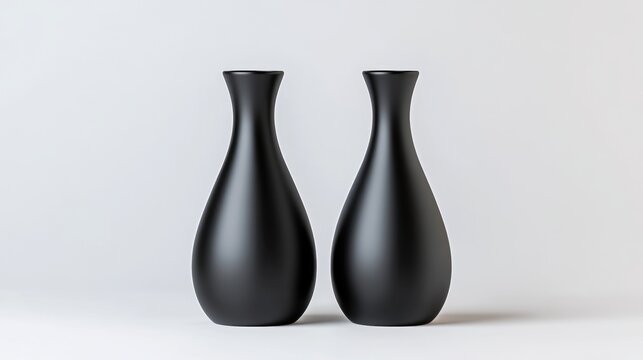 Two sleek, black vases stand side-by-side against a plain white background. The vases are identical, exhibiting a smooth, matte finish. The image is well-lit, high-quality, and features minimal comp