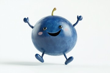 A cheerful blueberry cartoon character joyfully leaps and bounces.