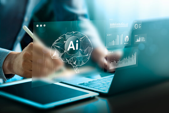 Futuristic AI Technology for Business Intelligence and Big Data Analytic, Businessman Using Artificial Intelligence for Real-Time Insights, Predictive Analysis, and Digital Transformation