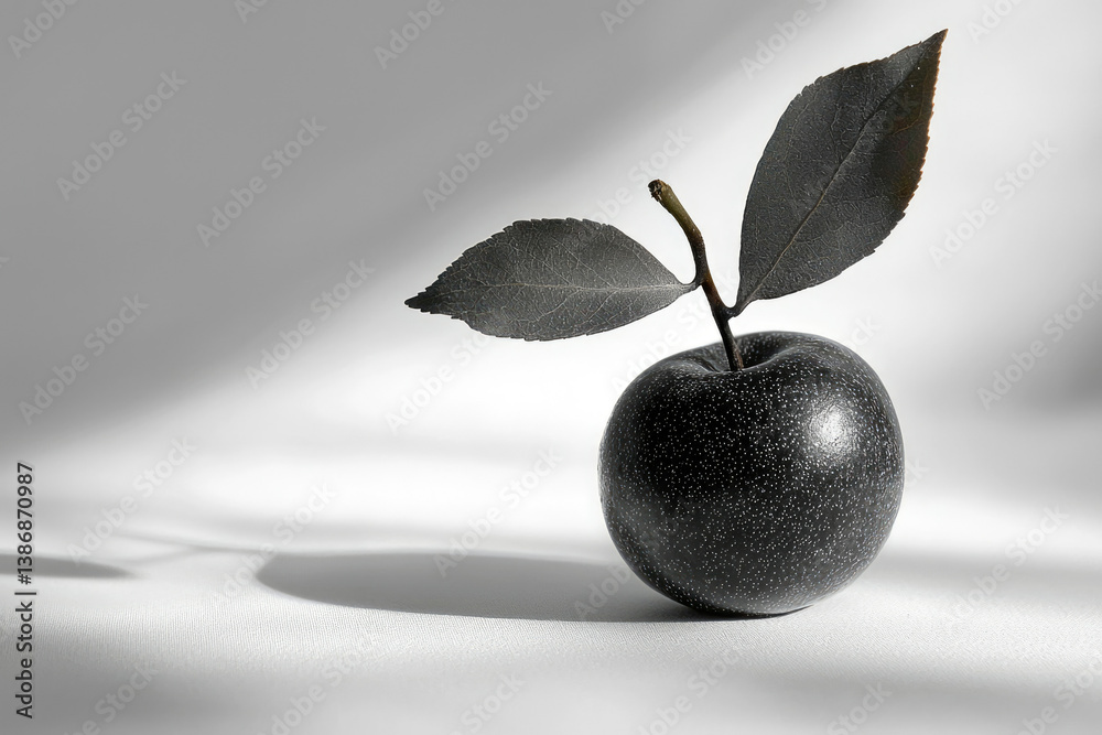 Poster A single dark apple with two leaves sits on a white surface, illuminated by a soft light.