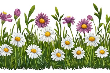 Obraz premium Colorful Flower Border with Daisies and Wildflowers in Green Grass