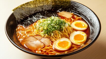 A delicious bowl of ramen with noodles, eggs, and broth. Featuring flavor and comfort