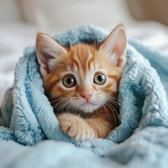 Adorable ginger kitten wrapped snugly in a soft blue blanket indoors