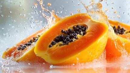 A tropical fruit splash with papayas, bursting with orange and yellow hues, set against a white background