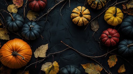 Autumn Harvest  Pumpkins  Gourds   Fall Leaves on Dark Background