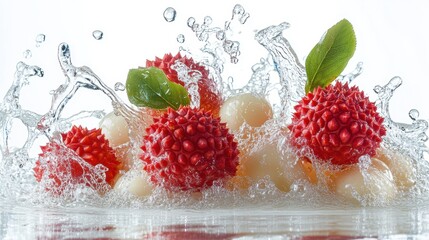 A tropical fruit splash with lychees, splashing with red and translucent white, set against a white background