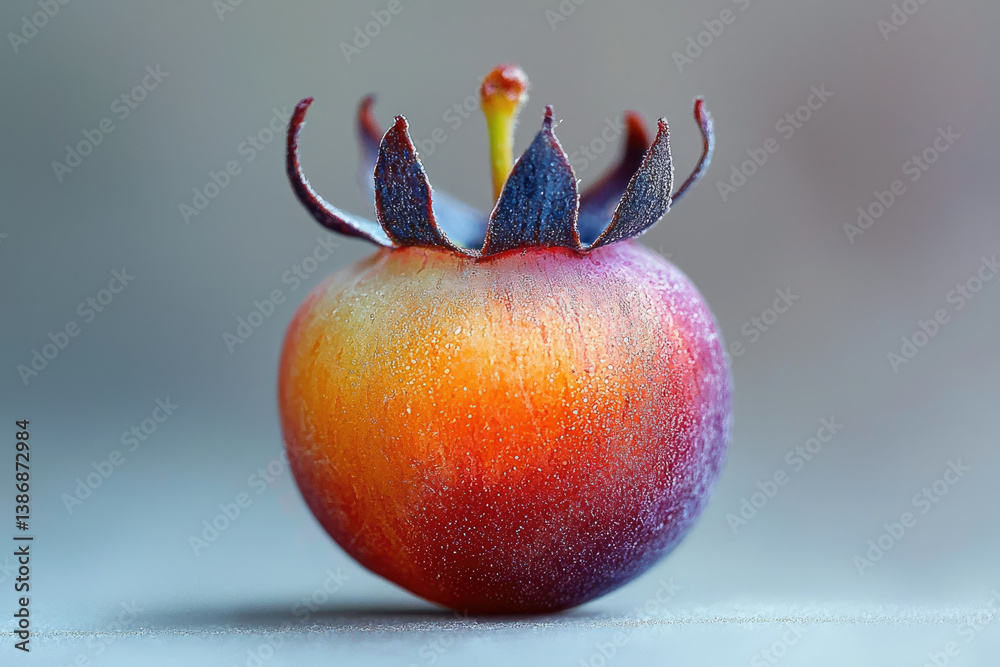 Poster a single, vibrant berry with a unique crown-like calyx, showcasing autumnal colors and textures.