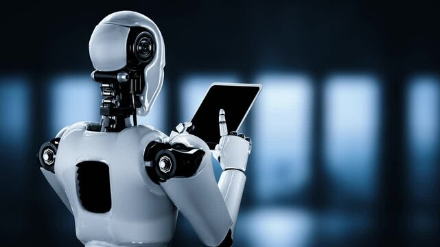 Robot hominoid using tablet computer in concept of AI thinking brain , artificial intelligence and machine learning process for the 4th fourth industrial revolution . 3D rendering.
