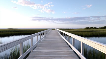 Fototapeta premium Tranquil boardwalk over calm water surrounded by lush grass under a serene sky.