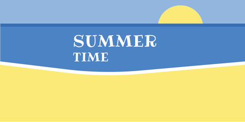 Beach background with text SUMMER TIME. Banner for vacation design in web design, print. Vector illustration