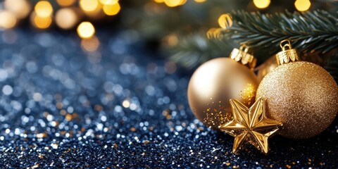 Festive holiday decor, shimmering gold ornaments and twinkling lights on a sparkling blue background, perfect for seasonal celebrations.