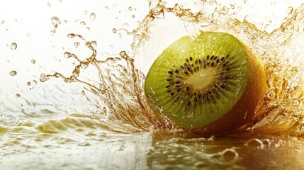 A refreshing fruit splash with kiwi, splashing with green and brown, set against a white background