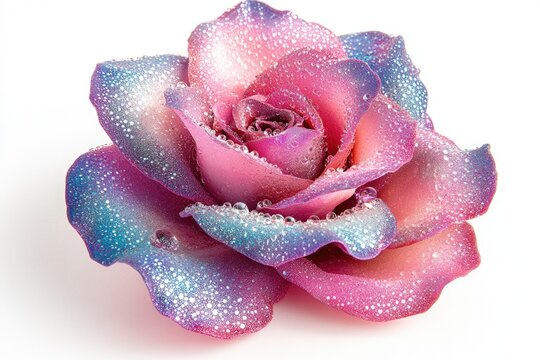 A glistening, pink and blue rose with water droplets on its petals, showcasing vibrant colors and textures. - Powered by Adobe
