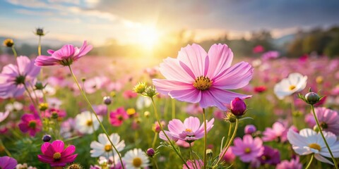 Field of Cosmos flowers blooming in sunlight with delicate petals and vibrant colors, nature landscape, cosmos flower field