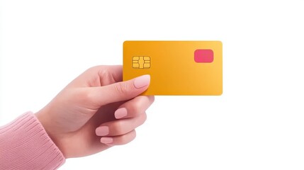 Hand holding a vibrant yellow card, stylish hand with soft pink sleeve, minimalist design, perfect for branding or advertising.