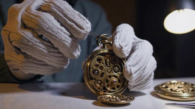Clockmaker assembling antique gear mechanism, symbol of timekeeping, precision and heritage skills