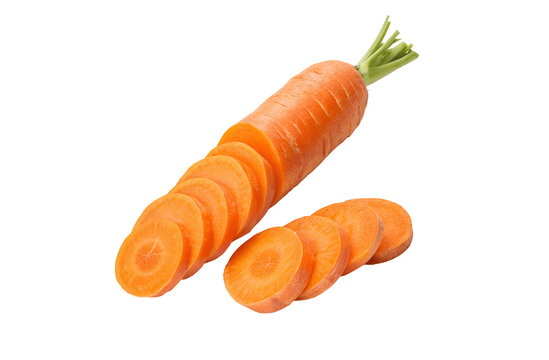 Carrot diagonal slices with angled cuts for enhanced surface area and elegant appearance, isolated on a white background, PNG cutout for clean and crisp presentation
