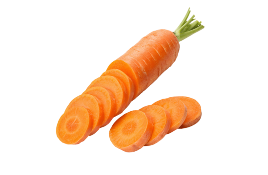Carrot diagonal slices with angled cuts for enhanced surface area and elegant appearance, isolated on a white background, PNG cutout for clean and crisp presentation