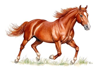 Obraz premium Chestnut Horse Running on Grass in a Vibrant Natural Setting