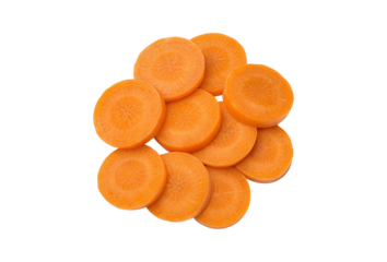 Carrot round slices Classic coin-shaped carrot pieces isolated on a white transparent background in high-quality PNG cutout format for versatile use