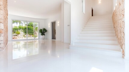 Obraz premium A bright, white interior features a modern staircase ascending to the upper level. The polished floor reflects light. A large window reveals a garden view. The style is minimalist and contemporary.