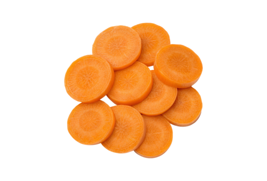 Carrot round slices Classic coin-shaped carrot pieces isolated on a white transparent background in high-quality PNG cutout format for versatile use
