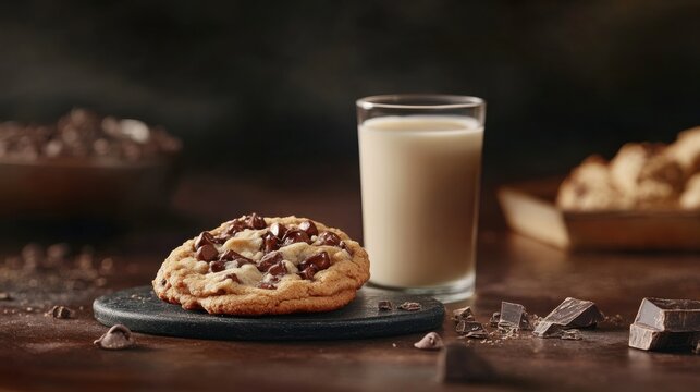 A delicious chocolate chip cookie with a glass of milk. Featuring sweetness and comfort