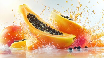 A sweet fruit splash with papayas, bursting with orange and yellow tones, set against a white background
