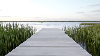 Naklejka premium Tranquil lakeside view with wooden pier extending into calm water, surrounded by reeds under a serene sky.