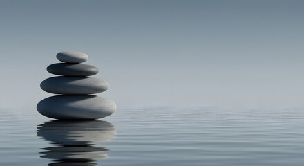 Stacked stones in calm water under a light blue sky creating a serene and balanced composition
