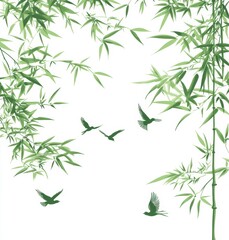 Fototapeta premium Bamboo Tranquility: A serene image of lush green bamboo branches and leaves, complemented by graceful birds in flight, embodies a sense of peace and natural beauty.