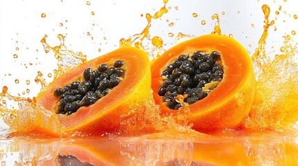A tropical fruit splash with papayas, splashing in orange and yellow, set against a white background