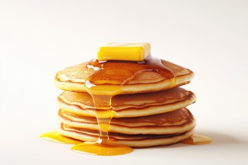 Fototapeta premium A stack of golden pancakes drizzled with maple syrup and topped with a pat of butter.