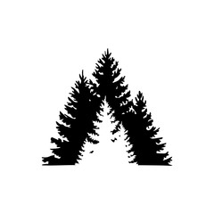  Silhouette of a dense coniferous forest with tall pine trees, detailed foliage, and ground texture, creating a rustic wilderness scene in black and white vector style.