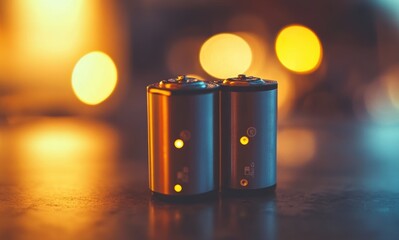 Recharge Power Source: A close-up of two metallic batteries illuminates in the soft glow of an out-of-focus background, capturing the essence of sustainable energy and advanced technology. 