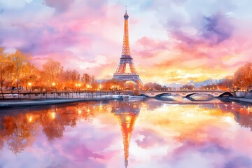 Fototapeta premium Majestic tower at sunset, colorful clouds reflecting in serene waters, captivating view perfect for romantic settings.