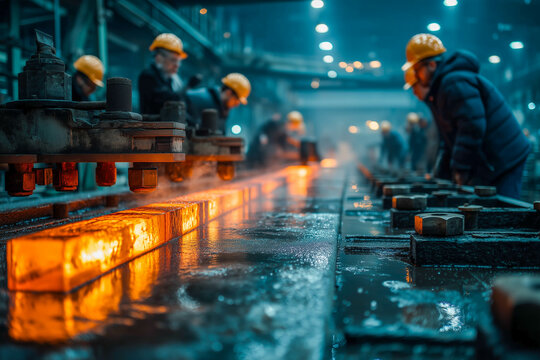 Molten metal blocks glowing on production line with factory workers in protective gear inside heavy industry steel foundry - Powered by Adobe