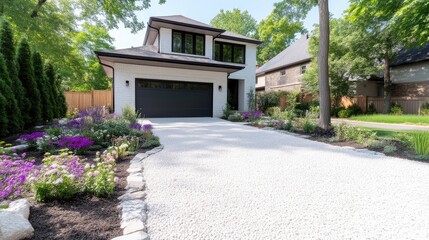 Modern home with driveway and landscaping.  Well-maintained, contemporary residence with a white gravel driveway, edged by landscaping, leading to a modern garage.  