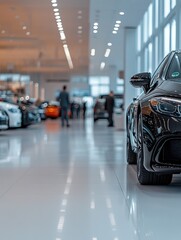 Sleek black car showcased in a modern showroom with potential buyers