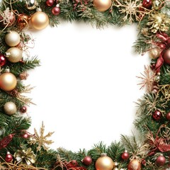 Festive holiday border with gold and red ornaments on evergreen branches